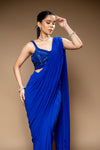 Royal Blue Cutdana, Bead & Sequence Lycra Pre-Draped Designer Saree With Readymade Blouse