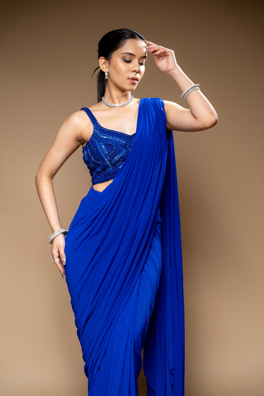 Royal Blue Cutdana, Bead & Sequence Lycra Pre-Draped Designer Saree With Readymade Blouse