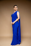Royal Blue Lycra Pre-Draped Designer Saree With Readymade Blouse