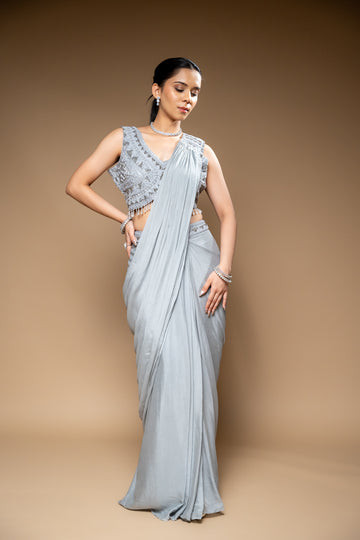 Grey Cutdana, Bead & Sequence Chinon Pre-Draped Designer Saree With Readymade Blouse