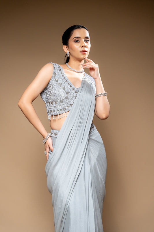 Grey Cutdana, Bead & Sequence Chinon Pre-Draped Designer Saree With Readymade Blouse