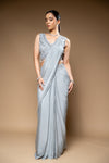 Grey Cutdana, Bead & Sequence Chinon Pre-Draped Designer Saree With Readymade Blouse