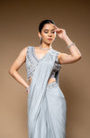 Grey Cutdana, Bead & Sequence Chinon Pre-Draped Designer Saree With Readymade Blouse