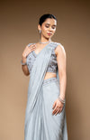 Grey Cutdana, Bead & Sequence Chinon Pre-Draped Designer Saree With Readymade Blouse