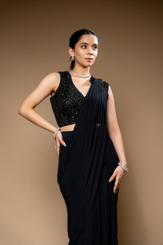 Black Cutdana, Bead & Sequence Lycra Pre-Draped Designer Saree With Readymade Blouse