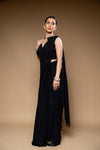 Black Cutdana, Bead & Sequence Lycra Pre-Draped Designer Saree With Readymade Blouse