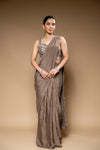 Chikoo Bead, Cutdana & Sequence Chinon Pre-Draped Designer Saree With Readymade Blouse