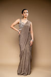 Chikoo Bead, Cutdana & Sequence Chinon Pre-Draped Designer Saree With Readymade Blouse