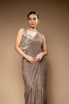 Chikoo Bead, Cutdana & Sequence Chinon Pre-Draped Designer Saree With Readymade Blouse