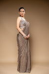 Chikoo Bead, Cutdana & Sequence Chinon Pre-Draped Designer Saree With Readymade Blouse