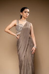 Chikoo Bead, Cutdana & Sequence Chinon Pre-Draped Designer Saree With Readymade Blouse