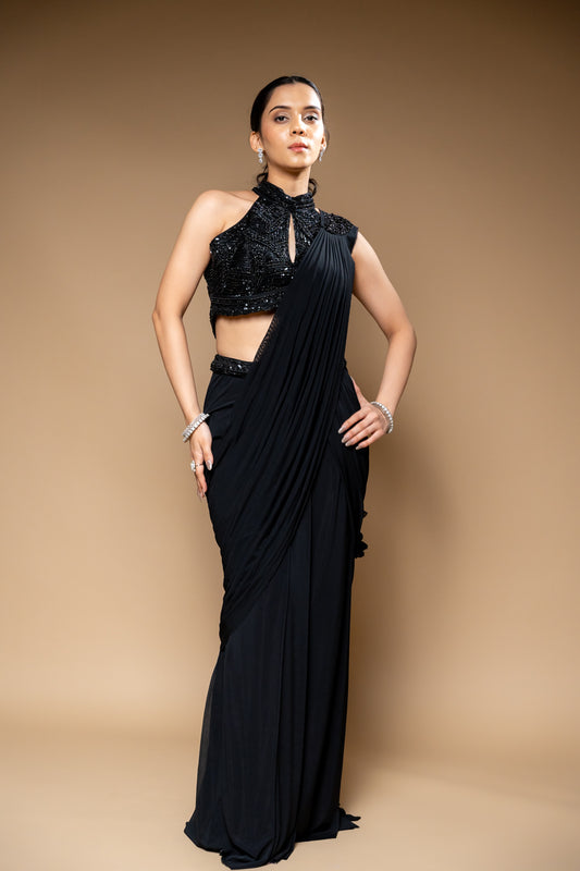 Black Cutdana, Bead & Sequence Lycra Pre-Draped Designer Saree With Readymade Blouse