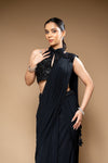Black Cutdana, Bead & Sequence Lycra Pre-Draped Designer Saree With Readymade Blouse