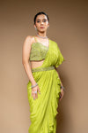 Pistachio Green Bead, Cutdana, Mirror & Sequence Chinon Pre-Draped Designer Saree With Readymade Blouse