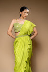 Pistachio Green Bead, Cutdana, Mirror & Sequence Chinon Pre-Draped Designer Saree With Readymade Blouse