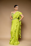 Pistachio Green Bead, Cutdana, Mirror & Sequence Chinon Pre-Draped Designer Saree With Readymade Blouse