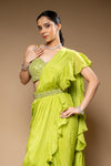 Pistachio Green Bead, Cutdana, Mirror & Sequence Chinon Pre-Draped Designer Saree With Readymade Blouse