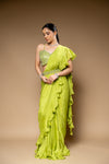 Pistachio Green Bead, Cutdana, Mirror & Sequence Chinon Pre-Draped Designer Saree With Readymade Blouse