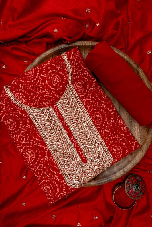 Red Sequence, Zari Threadwork & Bandhini Printed Cotton Unstitched Salwar Suit With Cotton Dupatta