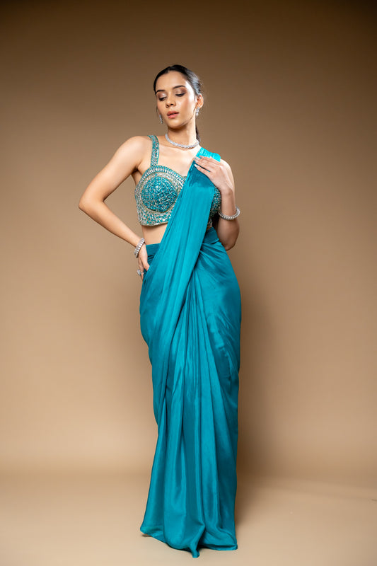 Rama Cutdana, Bead & Sequence Chinon Pre-Draped Designer Saree With Readymade Blouse