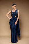 Navy Blue Lycra Pre-Draped Designer Saree With Readymade Blouse
