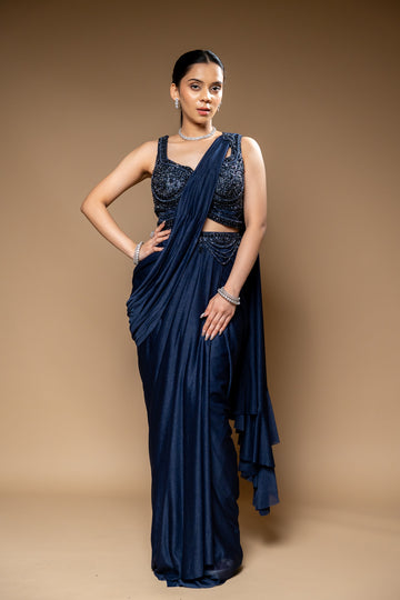 Navy Blue Lycra Pre-Draped Designer Saree With Readymade Blouse