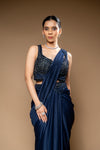 Navy Blue Lycra Pre-Draped Designer Saree With Readymade Blouse