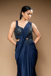 Navy Blue Lycra Pre-Draped Designer Saree With Readymade Blouse