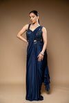 Navy Blue Lycra Pre-Draped Designer Saree With Readymade Blouse
