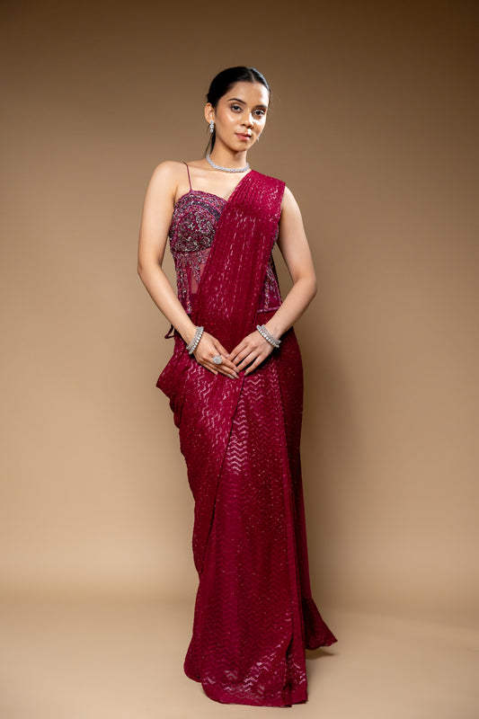 Garnet Cutdana, Bead & Sequence Georgette Corset Pre-Draped Designer Saree