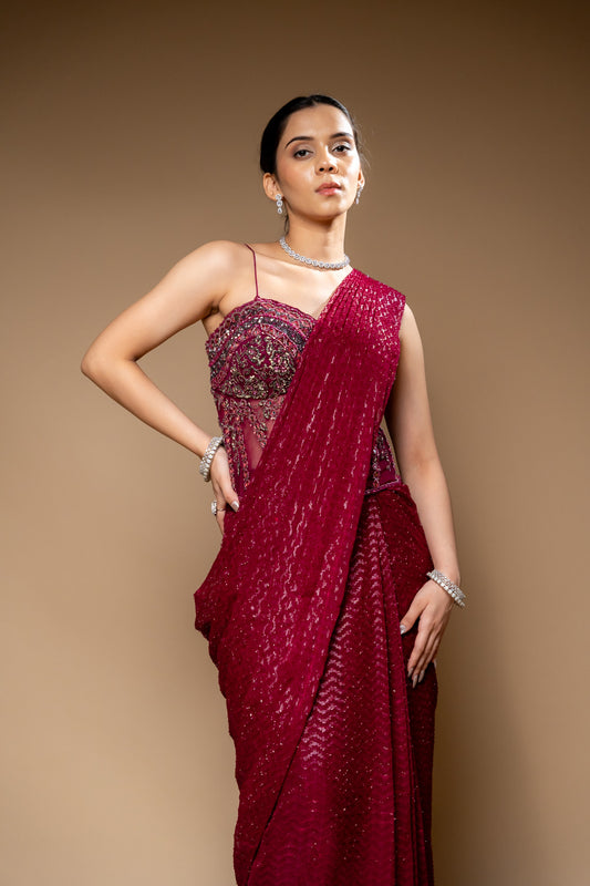 Garnet Cutdana, Bead & Sequence Georgette Corset Pre-Draped Designer Saree