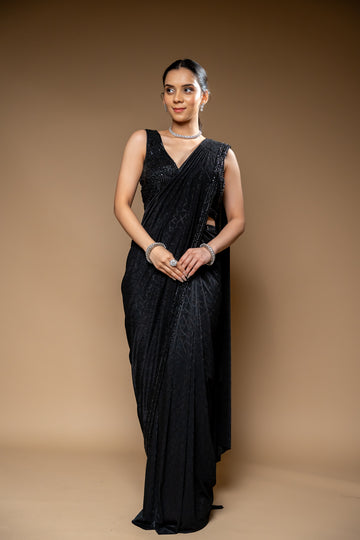 Black Cutdana, Bead & Sequence Crepe Pre-Draped Designer Saree With Readymade Blouse
