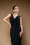 Black Cutdana, Bead & Sequence Crepe Pre-Draped Designer Saree With Readymade Blouse