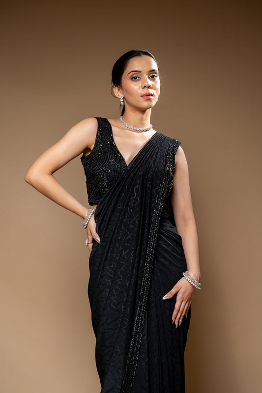 Black Cutdana, Bead & Sequence Crepe Pre-Draped Designer Saree With Readymade Blouse