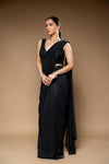 Black Cutdana, Bead & Sequence Crepe Pre-Draped Designer Saree With Readymade Blouse