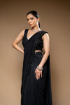 Black Cutdana, Bead & Sequence Crepe Pre-Draped Designer Saree With Readymade Blouse
