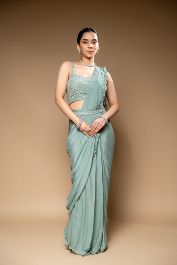 Mint Green Bead, Cutdana & Sequence Chinon Pre-Draped Designer Saree With Readymade Blouse