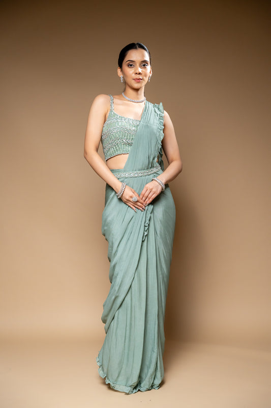 Mint Green Bead, Cutdana & Sequence Chinon Pre-Draped Designer Saree With Readymade Blouse