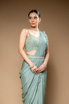 Mint Green Bead, Cutdana & Sequence Chinon Pre-Draped Designer Saree With Readymade Blouse