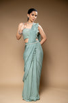 Mint Green Bead, Cutdana & Sequence Chinon Pre-Draped Designer Saree With Readymade Blouse