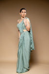 Mint Green Bead, Cutdana & Sequence Chinon Pre-Draped Designer Saree With Readymade Blouse