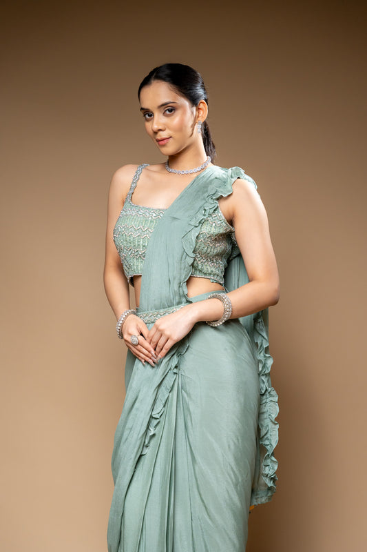 Mint Green Bead, Cutdana & Sequence Chinon Pre-Draped Designer Saree With Readymade Blouse
