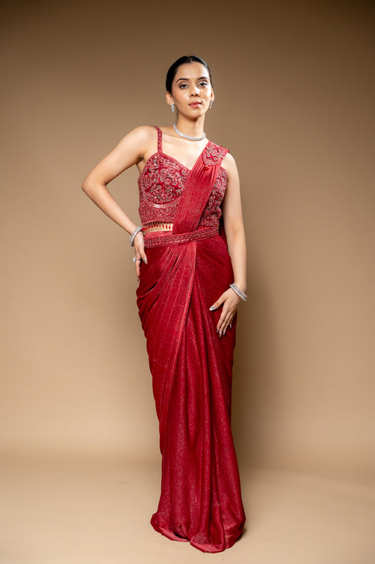 Maroon Shimmer Pre-Draped Designer Saree With Readymade Blouse