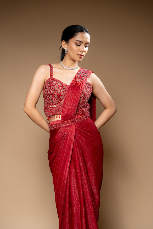 Maroon Shimmer Pre-Draped Designer Saree With Readymade Blouse