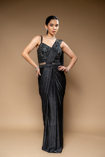 Black Cutdana, Bead & Sequence Shimmer Pre-Draped Designer Saree With Readymade Blouse
