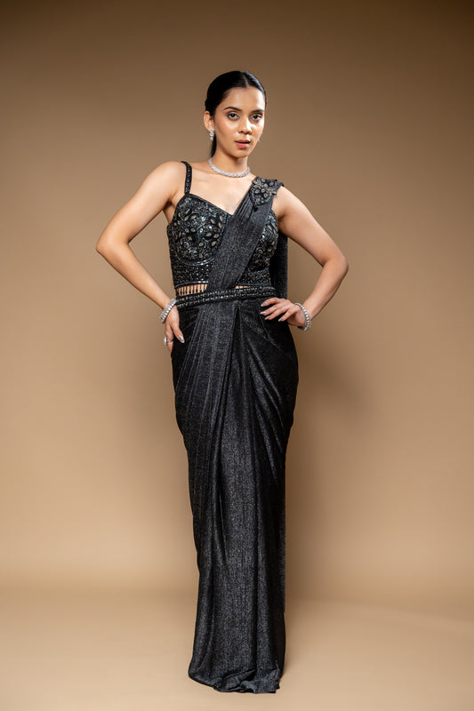 Black Cutdana, Bead & Sequence Shimmer Pre-Draped Designer Saree With Readymade Blouse