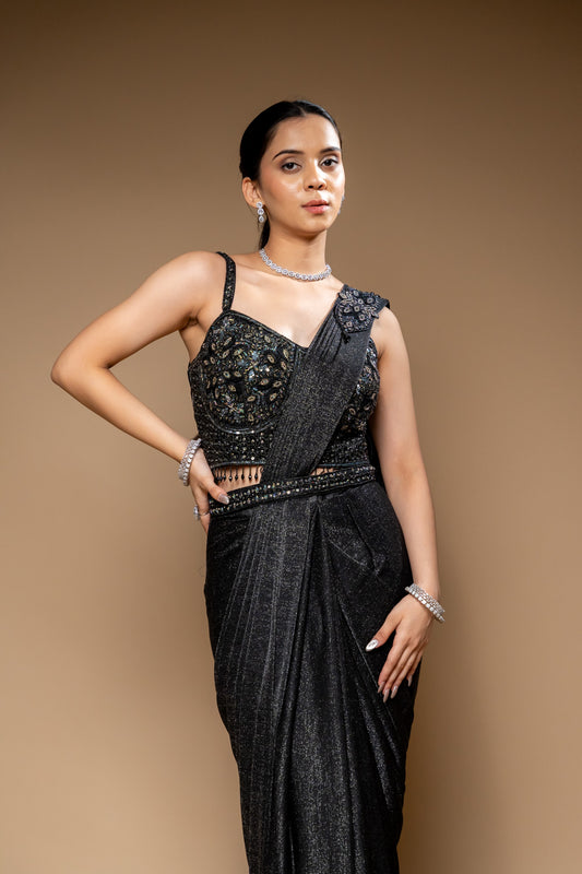 Black Cutdana, Bead & Sequence Shimmer Pre-Draped Designer Saree With Readymade Blouse