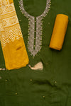 Mehndi Cutdana, Mirror Sheet & Zari Threadwork Cotton Unstitched Salwar Suit With Satin Dupatta