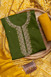 Mehndi Cutdana, Mirror Sheet & Zari Threadwork Cotton Unstitched Salwar Suit With Satin Dupatta