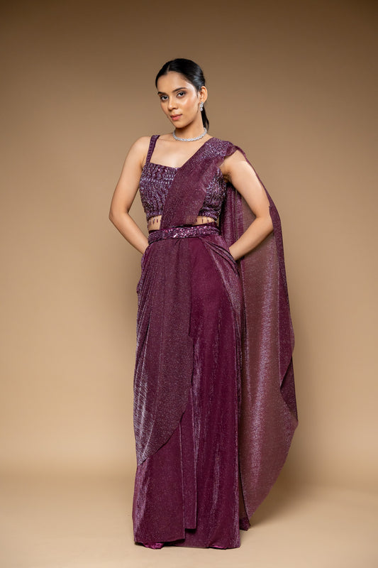 Garnet Bead, Cutdana & Sequence Shimmer Pre-Draped Designer Saree With Readymade Blouse